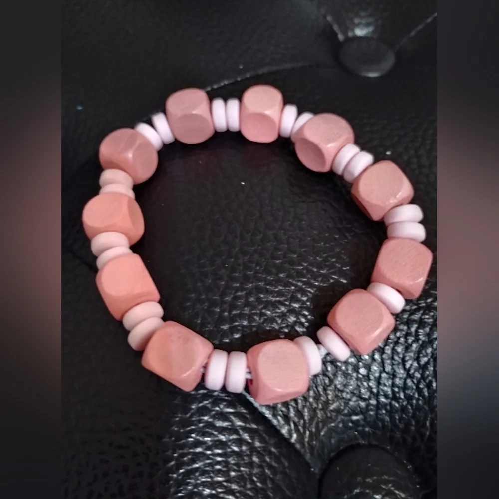 Pink Wooden & Clay Beaded Bracelet Mix Media Stretchy String
